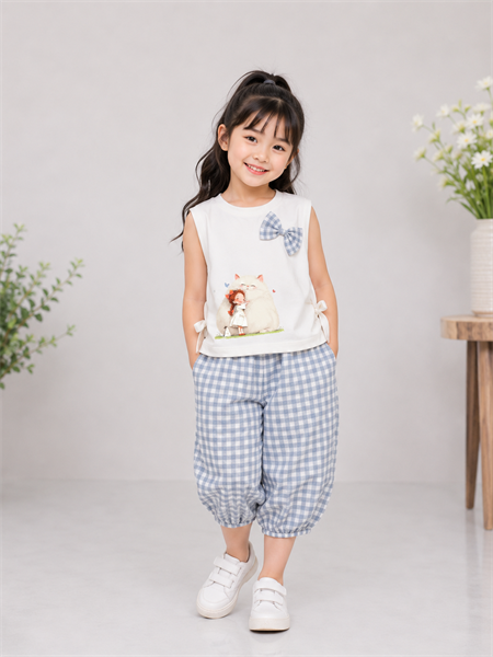 BG LỬNG CARO ÁO SN NƠ CÔ GÁI ÔM MÈO