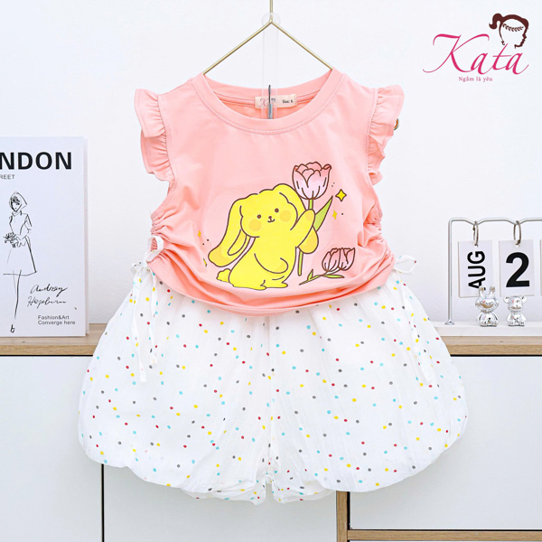 BG QUẦN CHẤM BI ÁO TAY TIÊN DÂY RÚT EO IN THỎ