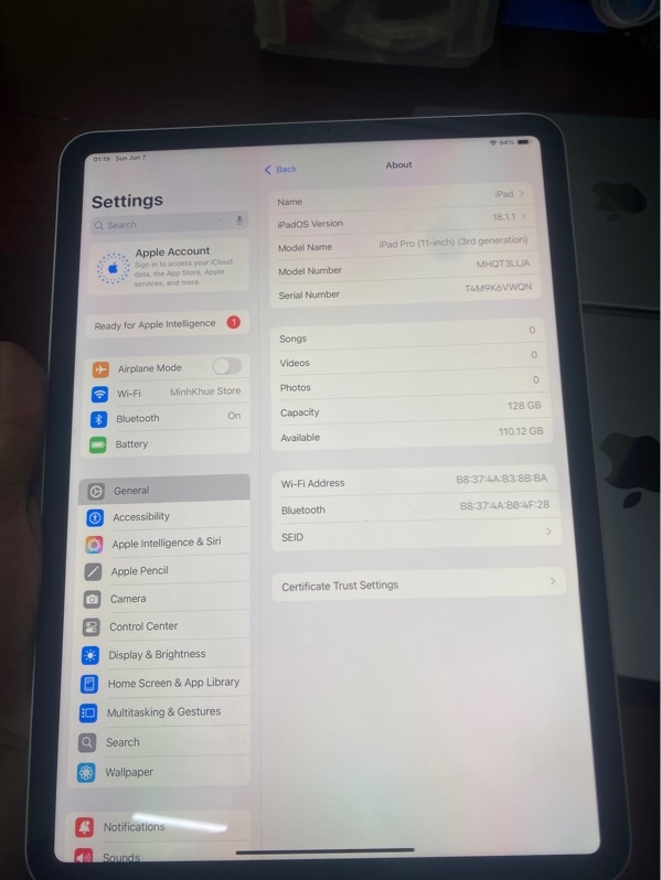 IPad pro 11" 2021 128Gb wifi body màu bạc P95 kèm cáp sạc