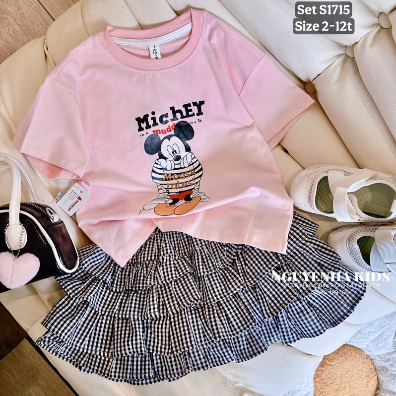 S1715 Set áo Mickey hồng v caro tầng