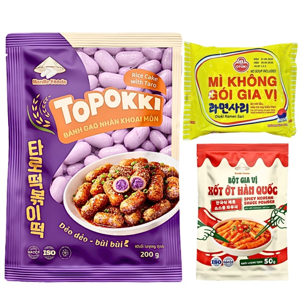 Bánh gạo nhân khoai môn 200g [1 Gói], Bột gia vị xốt ớt Hàn Quốc 50g [1 Gói], Mì Không Gói Gia Vị 110g ( VN )[1 Gói]
