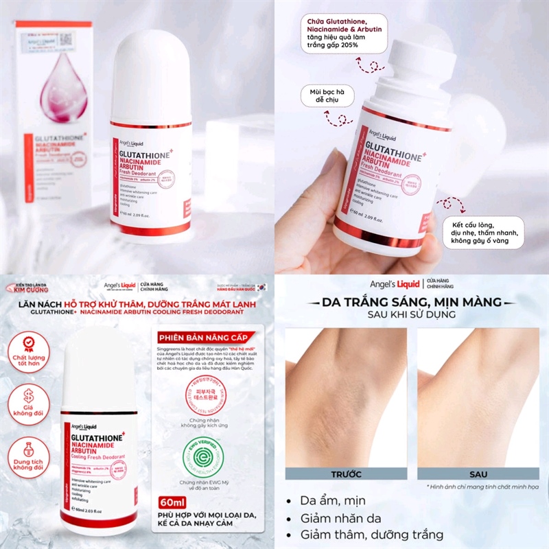 glutathione niacinamide lăn nách Lăn nách Angel's Liquid Glutathione+ Niacinamide Arbutin Cooling Fresh Deodorant mờ thâm, dưỡng sáng mát lạnh 60ml tại Mỹ Phẩm Phụ Kiện Tường Anh
