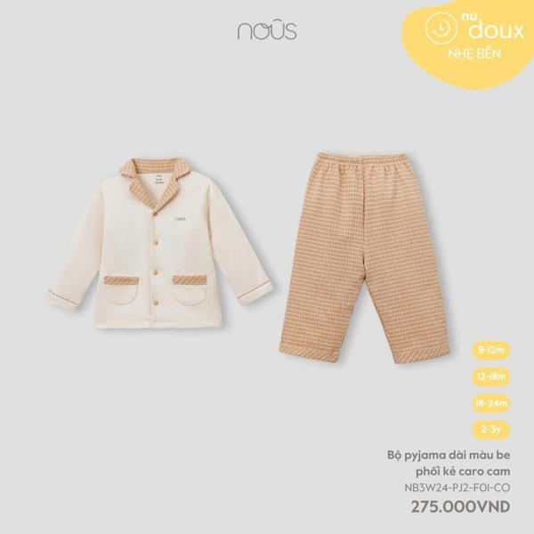 NS2400 - Bộ pijama dài màu be phối kẻ caro cam