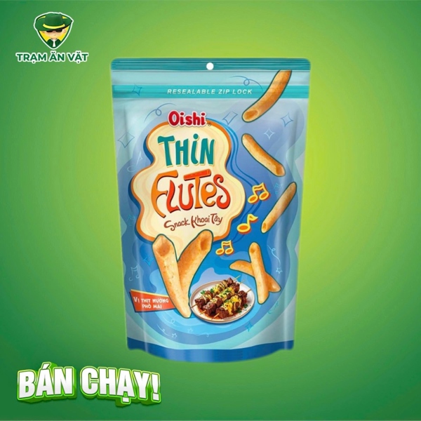 Snack khoai tây Oishi Thin Flutes vị thịt nướng phô mai - Thùng 20 gói x 50gr