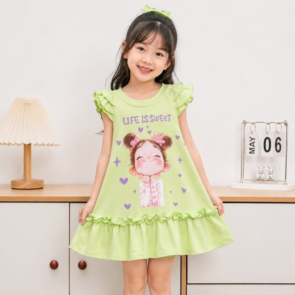 Đầm Bé Gái In Hình Cô Bé Dễ Thương LIFE IS SWEET