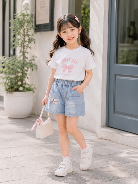 Quần short jean bé gái 2 túi đính nơ chữ