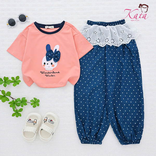 BG QUẦN CHẤM BI LƯNG REN ÁO IN THỎ ĐÍNH NƠ