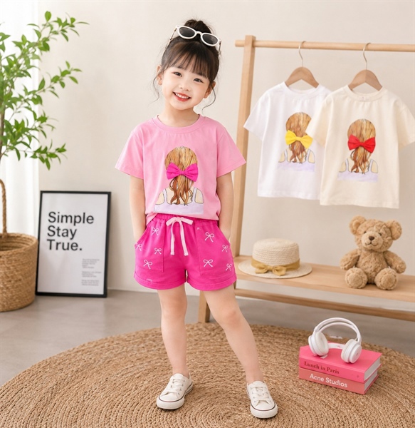 BG TN ÁO IN CÔ GÁI ĐÍNH NƠ QUẦN KAKI IN NƠ