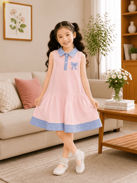 Đầm Bé Gái Cổ Sơ Mi Nơ Caro Đẹp