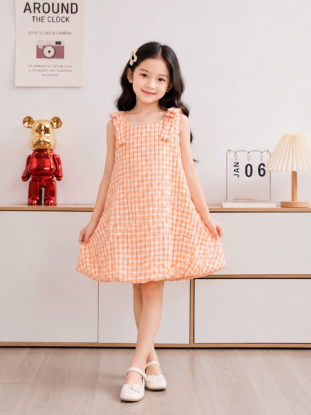 Đầm Bé Gái Caro Dáng Bí Nơ Vai