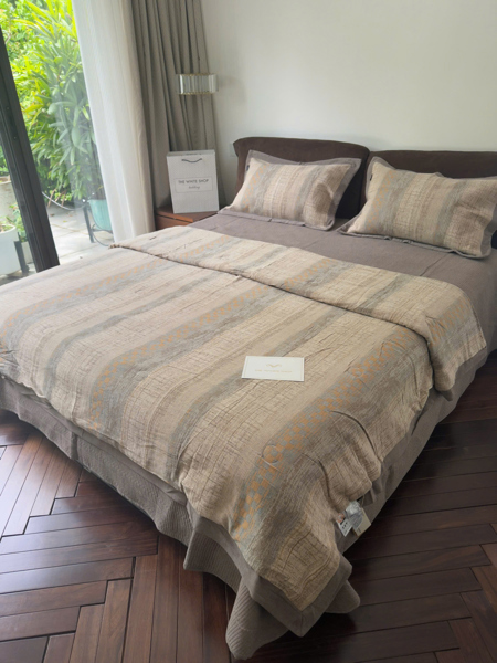 Bộ ga " Cẩm An" | Cotton Linen - Kẻ nâu be - Chần full - YKX06.K