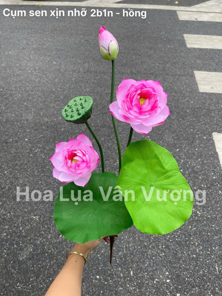 Cụm sen xịn nhỡ 2b1n - hồng - Sen - Hoa Lụa Vân Vượng