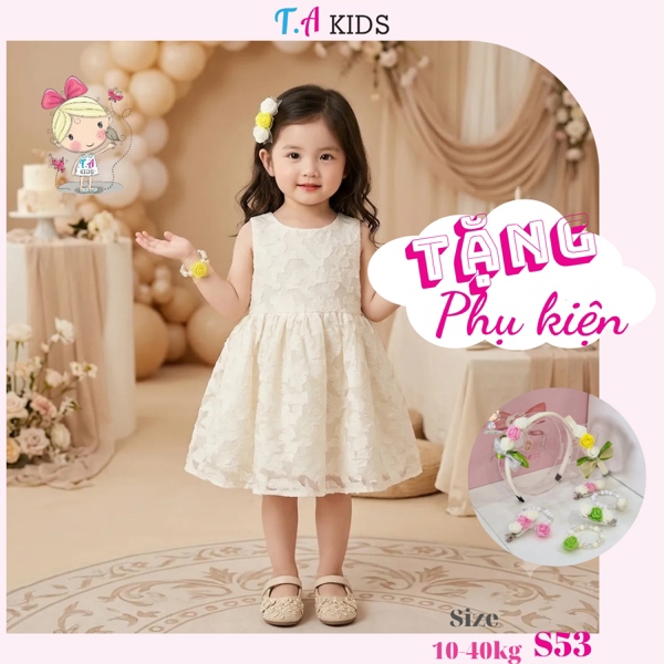 S53 (10-40kg) Váy kem thêu 3D