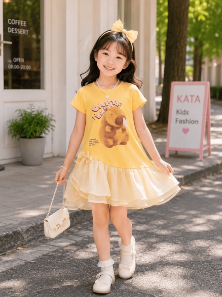 Đầm Bé Gái In Hình Capybara Phối Tầng Voan Công Chúa