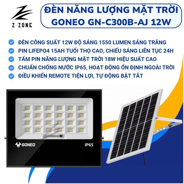 Đèn pha năng Năng Lượng Mặt Trời GONEO GN-C300B-AJ - Công suất 12W - Độ sáng 1550Lm - BH 24T