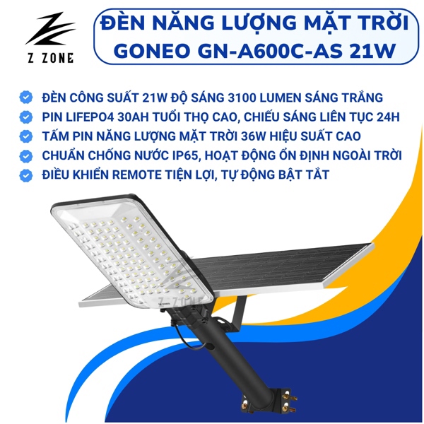 Đèn đường năng Năng Lượng Mặt Trời GONEO - GN-A600C-AS - Công suất 21W - Độ sáng 3100Lm - BH 24T