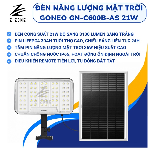 Đèn pha năng Năng Lượng Mặt Trời GONEO - GN-C600B-AS - Công suất 21W - Độ sáng 3100Lm - BH 24T