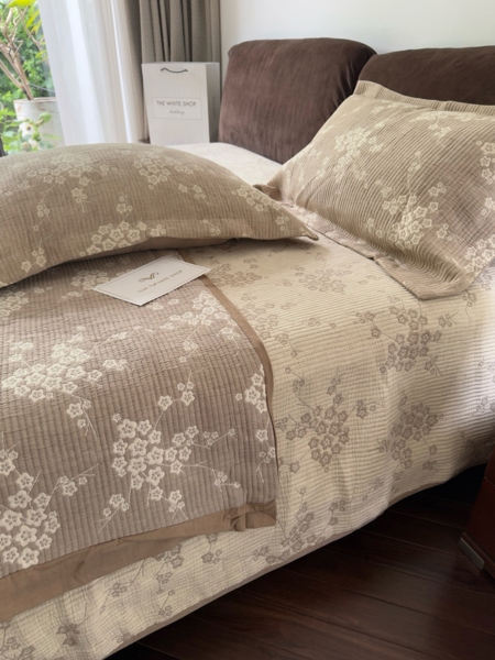 Bộ ga "Sơ ảnh" | Cotton dệt Jacquard, giặt mềm - Chần full - Nâu kem dệt hoa - YKX04.1.K