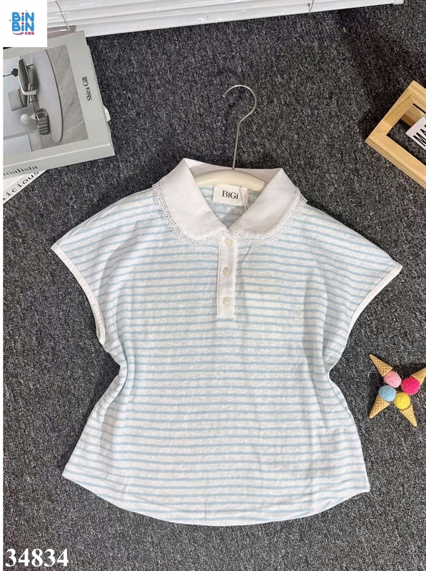 34834- Áo cổ sen sọc xanh ngang