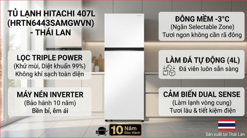 Tủ Lạnh Hitachi Inverter 407 Lít HRTN6443SAMGWVN - Thái Lan