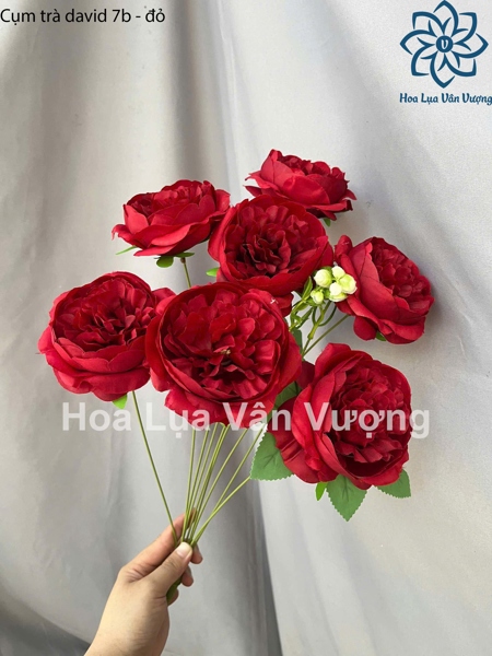 Cụm trà david 7b - đỏ - Hoa cành ngắn - Hoa Lụa Vân Vượng