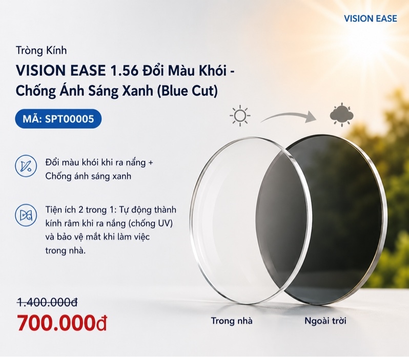 Tròng Kính VISION EASE 1.56 Đổi Màu Khói - Chống Ánh Sáng Xanh (Blue Cut)