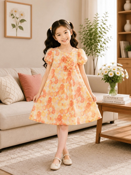 Đầm voan bé gái tay phồng 2 nơ