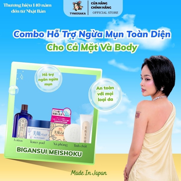 Combo Meishoku Hỗ Trợ Ngừa Mụn Cho Cả Mặt Và Body (lotion 90ml, tonerpad 60 miếng, xà bông 80g, tinh chất 15g)