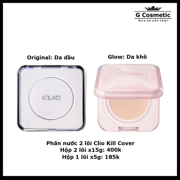 Phấn nước Clio Kill Cover (Glow, fullsize 2 lõi, 21N) - Da khô, trung bình, ấm