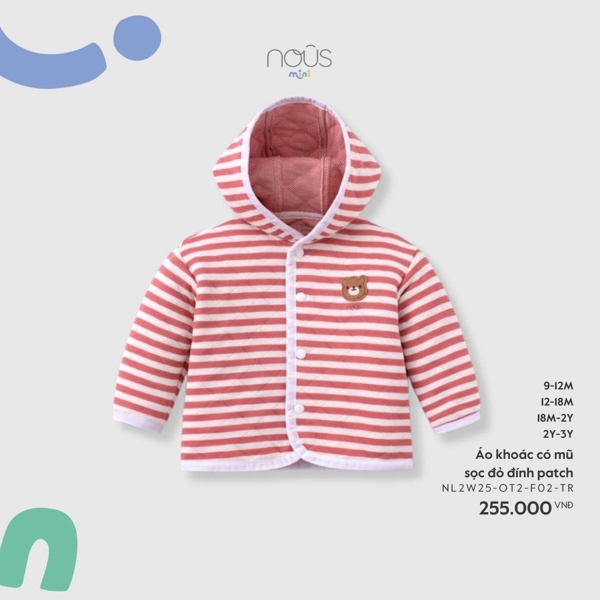 NS2500 - 12M/3Y Áo khoác có mũ sọc đỏ đính patch