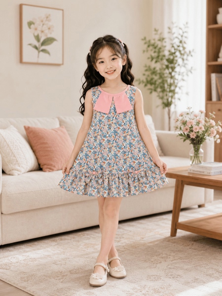 Đầm bé gái cotton hoa vintage 2 nơ lai
