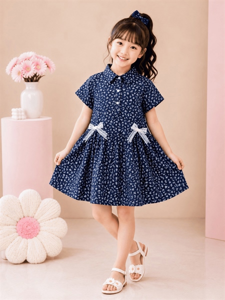 Đầm Bé Gái Denim Hoa Nhí Cổ Sơ Mi