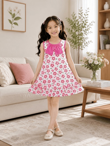 Đầm bé gái cotton hoa vintage 2 nơ lai