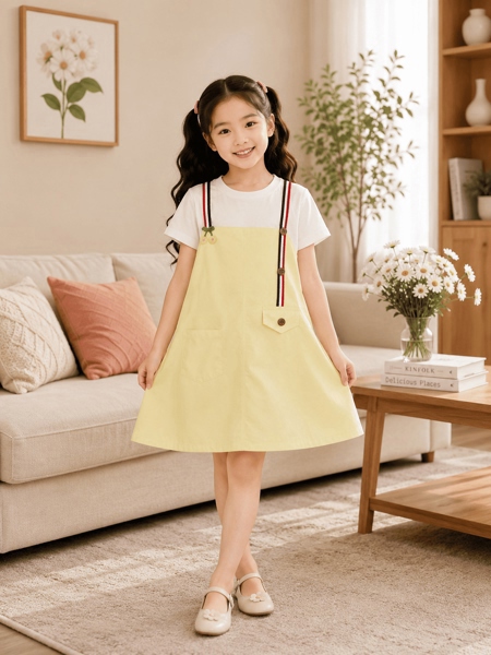 Đầm yếm kaki phối thun, dây vai
