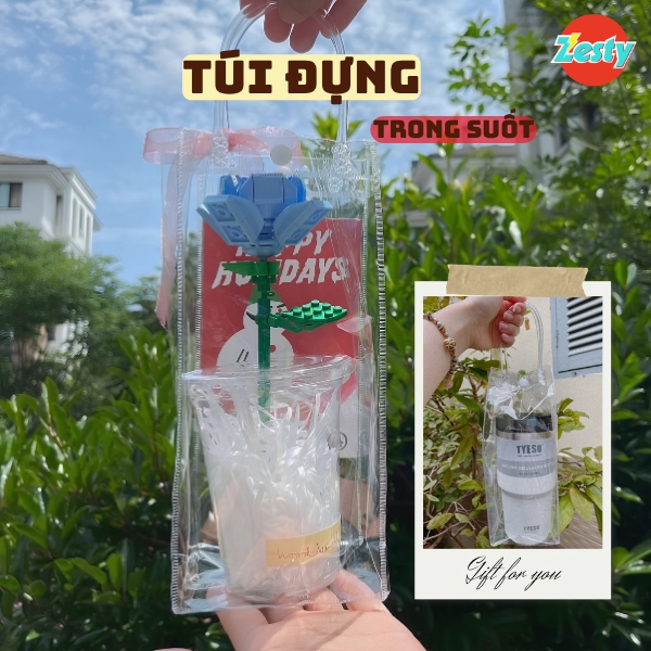 Túi Nhựa PVC Trong Suốt Dày Dặn Đựng Ly Giữ Nhiệt Quà Tặng Nút Bấm Trắng Thanh Lịch Chống Nước Tốt