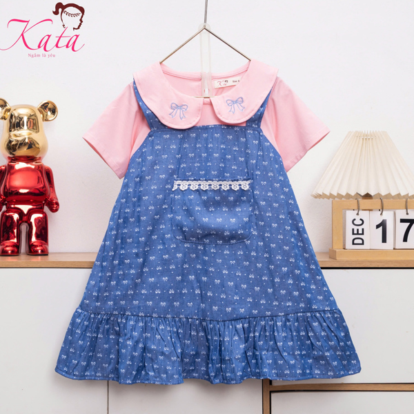 Đầm Bé Gái Phối Yếm Denim Nơ Thêu