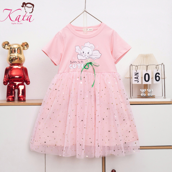 Đầm Bé Gái Mèo Cute Phối Voan Kim Tuyến
