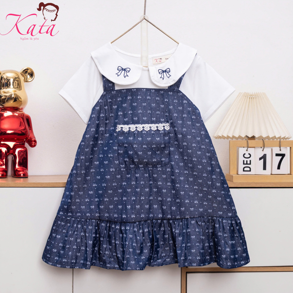 Đầm Bé Gái Phối Yếm Denim Nơ Thêu