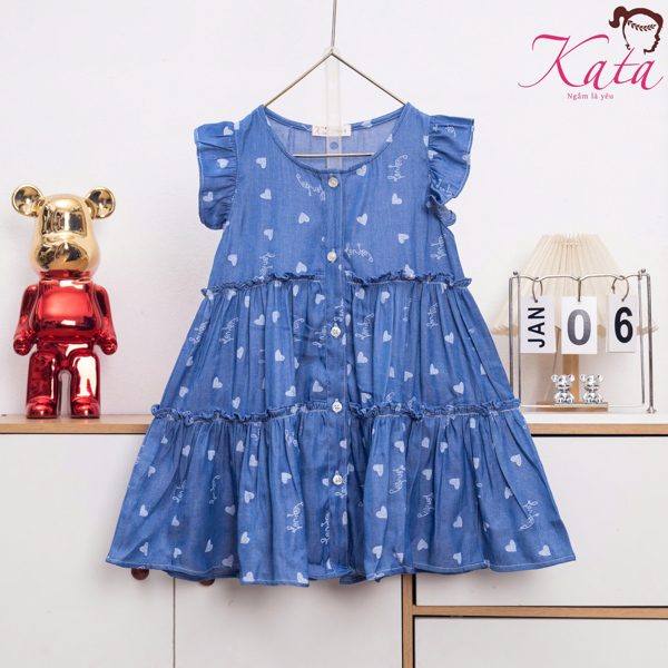 Đầm Bé Gái Denim Tim Nhún Tầng