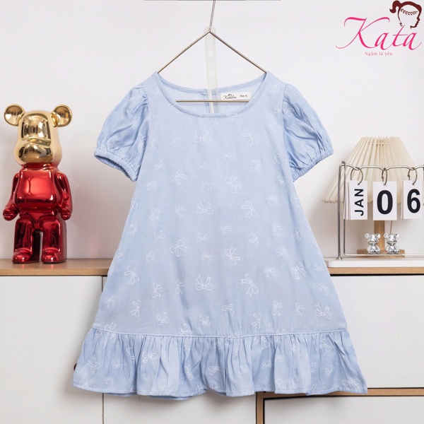 Đầm bé gái denim tay phồng