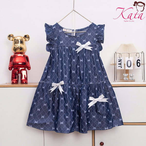 Đầm Bé Gái Denim Nơ Trắng Dáng Xòe