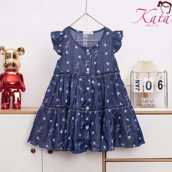 Đầm Bé Gái Denim Tim Nhún Tầng