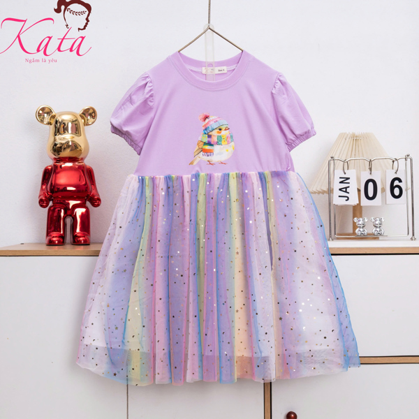 Đầm Bé Gái Chim Non Phối Voan Cầu Vồng Kim Tuyến