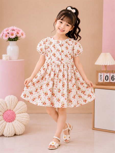Đầm bé gái tay phồng, cổ vuông hoa vintage