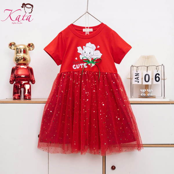 Đầm Bé Gái Mèo Cute Phối Voan Kim Tuyến
