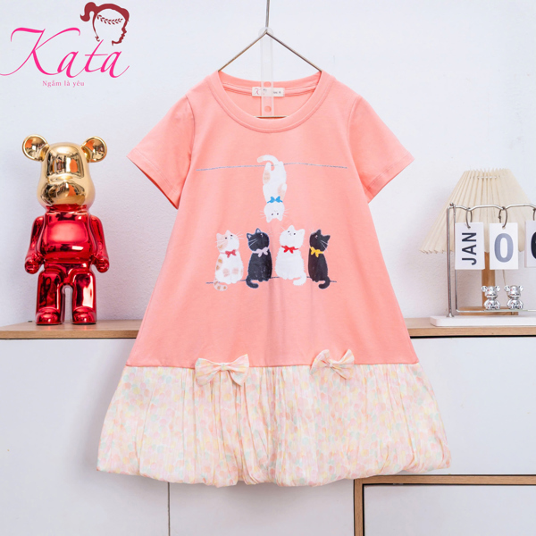 Đầm bé gái phối lai voan phồng in 5 mèo tinh nghịch