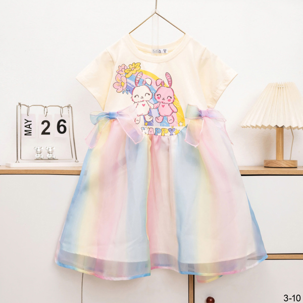 Đầm Bé Gái Thỏ Happy Phối Váy Organza Cầu Vồng