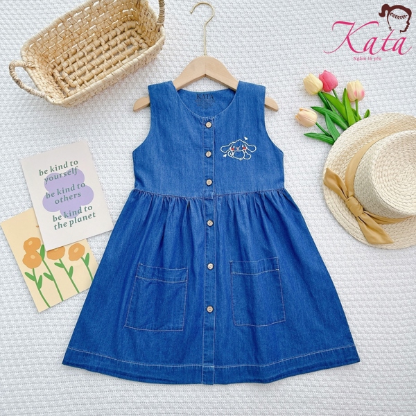 Đầm bé gái denim thêu thỏ tai dài