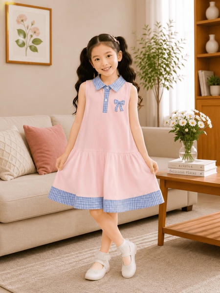Đầm Bé Gái Cổ Sơ Mi Nơ Caro Đẹp
