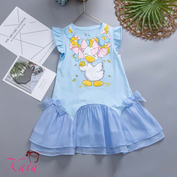 Đầm Bé Gái Hình Vịt Hoa Phối Chân Váy Xòe Dễ Thương